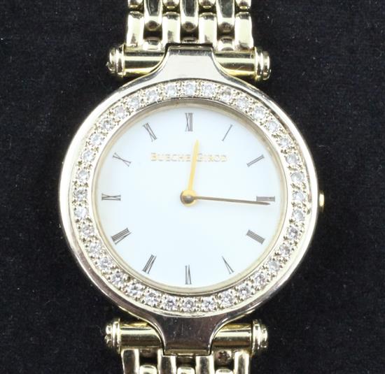A ladys modern 9ct gold Bueche Girod and diamond quartz watch,